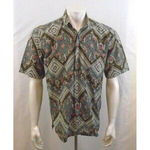 Singapore Greenish Brown Blue Print Men's Short Sleeve Cotton Blend Shirt Size L